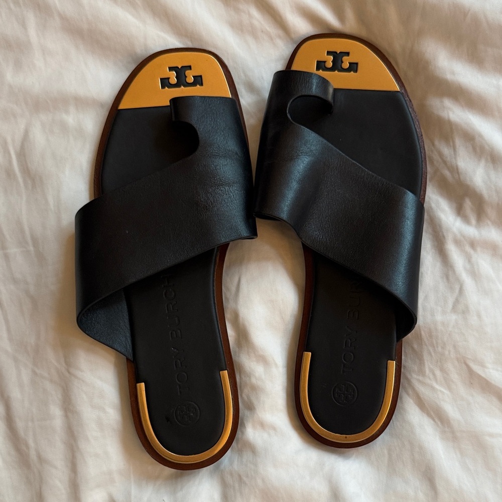 Tory Burch Black and Gold Slide Sandals